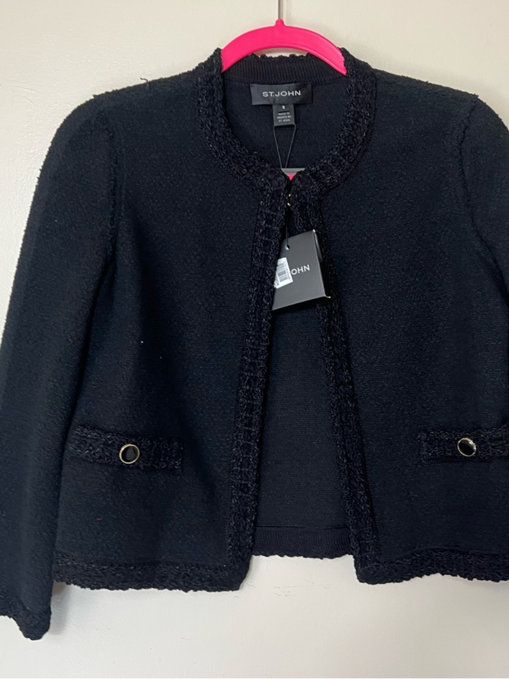 St. John Black Bouclé Trim Collarless Jacket. Women. Size 6. NWT